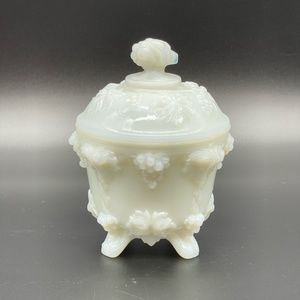Vintage Portieux Vallerysthal Opaline Milk Glass Covered Footed Candy Dish Grape